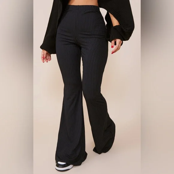 Petite Black Flare Ribbed Pants - NEW - Picture 2 of 5